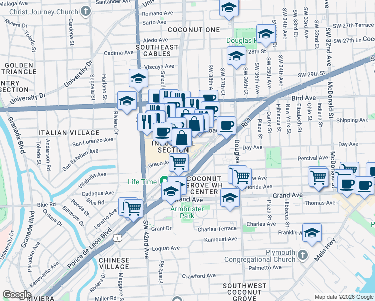 map of restaurants, bars, coffee shops, grocery stores, and more near in Coral Gables