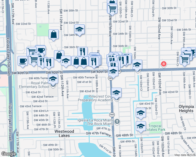 map of restaurants, bars, coffee shops, grocery stores, and more near 4045 Southwest 108th Avenue in Miami