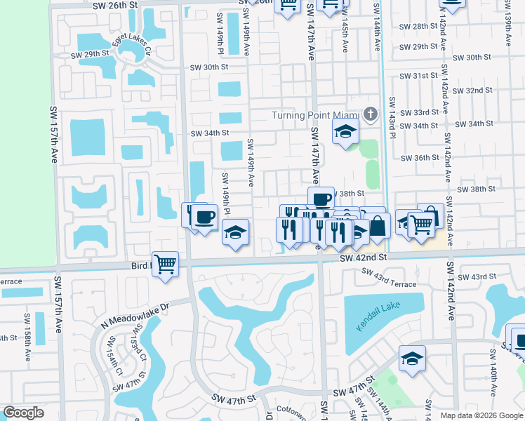 map of restaurants, bars, coffee shops, grocery stores, and more near 14837 Southwest 39th Terrace in Miami