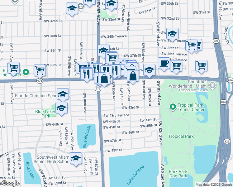 map of restaurants, bars, coffee shops, grocery stores, and more near 8520 Southwest 41st Terrace in Miami