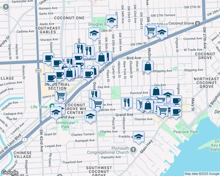 map of restaurants, bars, coffee shops, grocery stores, and more near 3210 Plaza Street in Miami
