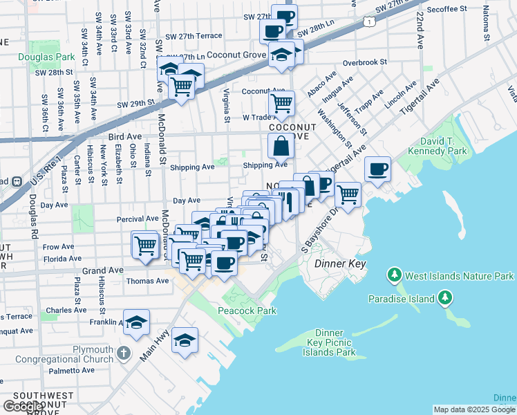 map of restaurants, bars, coffee shops, grocery stores, and more near 3226 Mary Street in Miami