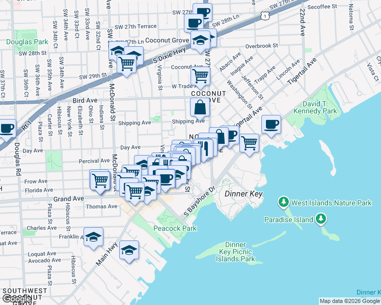 map of restaurants, bars, coffee shops, grocery stores, and more near 3229 Mary Street in Miami