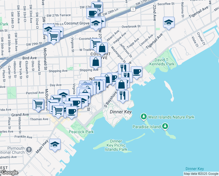 map of restaurants, bars, coffee shops, grocery stores, and more near 2665 South Bayshore Drive in Miami
