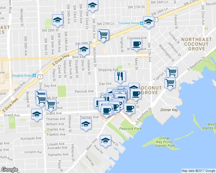 map of restaurants, bars, coffee shops, grocery stores, and more near 3230 Matilda Street in Miami