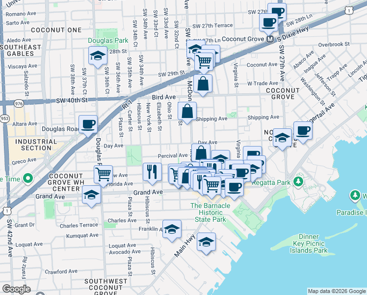 map of restaurants, bars, coffee shops, grocery stores, and more near 3220 Margaret Street in Miami