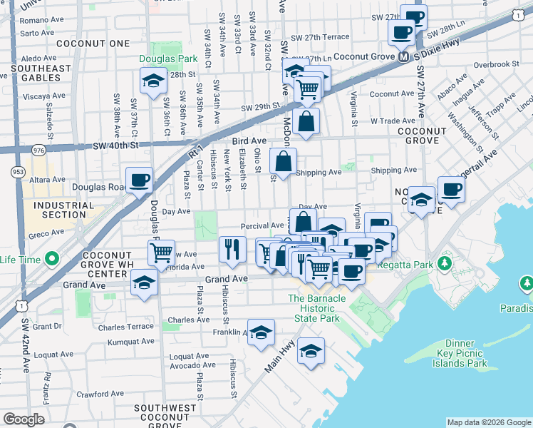 map of restaurants, bars, coffee shops, grocery stores, and more near 3220 Margaret Street in Miami