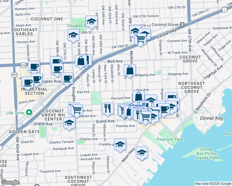 map of restaurants, bars, coffee shops, grocery stores, and more near 3210 Elizabeth Street in Miami