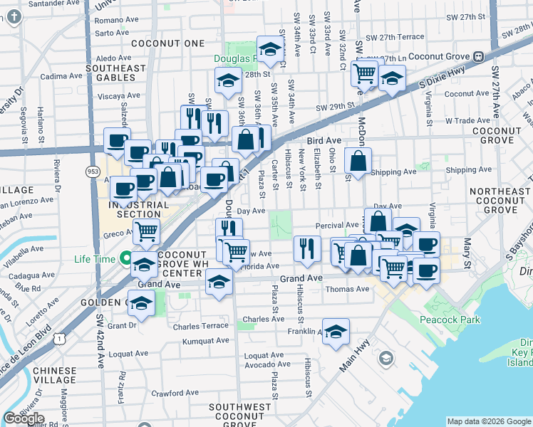 map of restaurants, bars, coffee shops, grocery stores, and more near 3210 Plaza Street in Miami