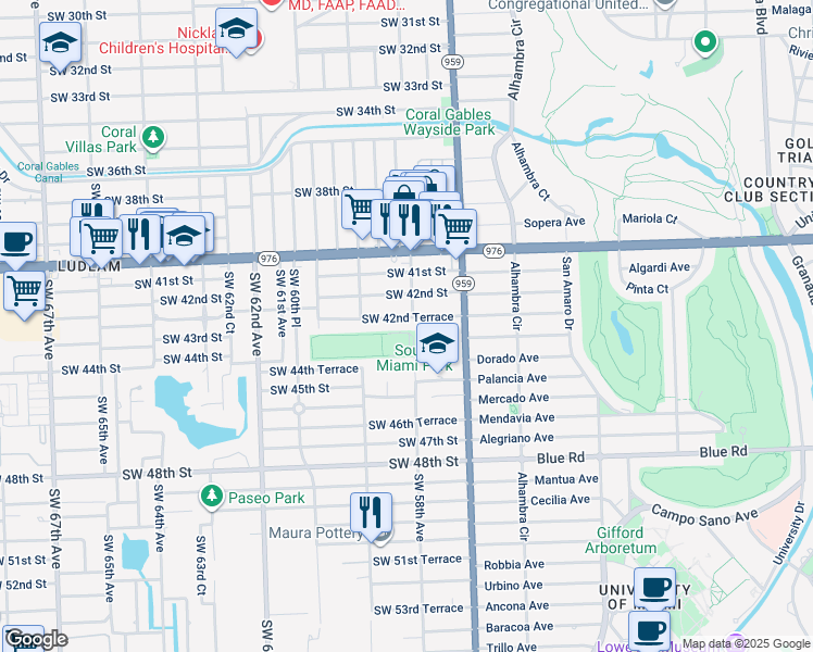 map of restaurants, bars, coffee shops, grocery stores, and more near 5820 Southwest 42nd Terrace in Miami