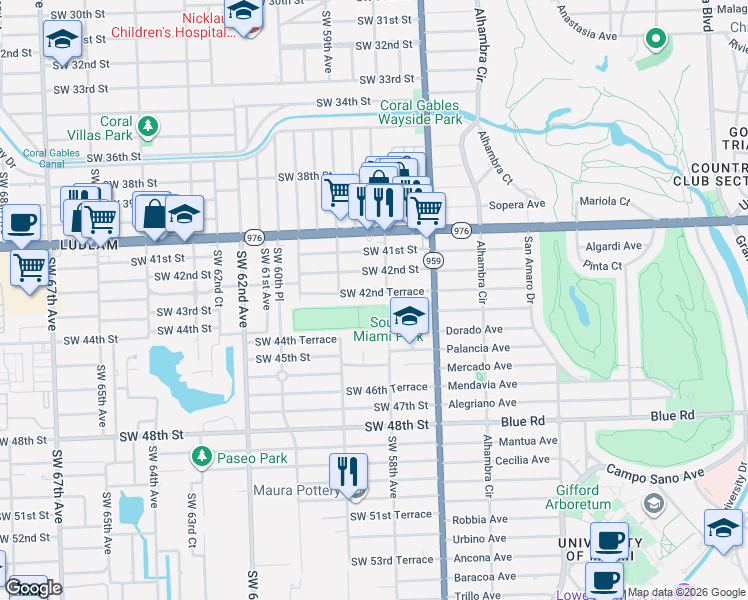 map of restaurants, bars, coffee shops, grocery stores, and more near 5820 Southwest 42nd Terrace in Miami