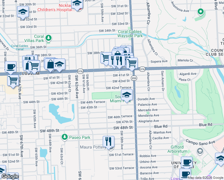 map of restaurants, bars, coffee shops, grocery stores, and more near 5820 Southwest 42nd Terrace in Miami