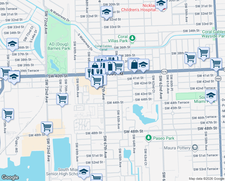 map of restaurants, bars, coffee shops, grocery stores, and more near 6511 Southwest 43rd Street in Miami