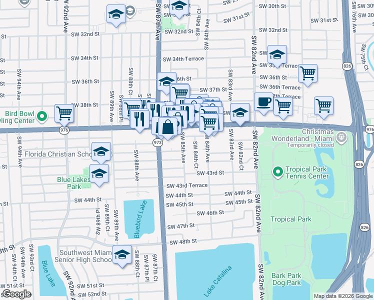 map of restaurants, bars, coffee shops, grocery stores, and more near 8520 Southwest 41st Terrace in Miami