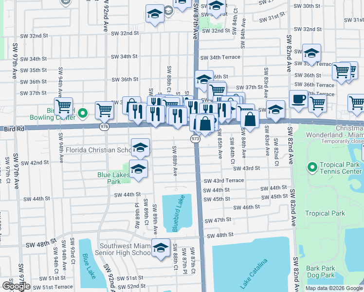map of restaurants, bars, coffee shops, grocery stores, and more near 8740 Southwest 41st Terrace in Miami