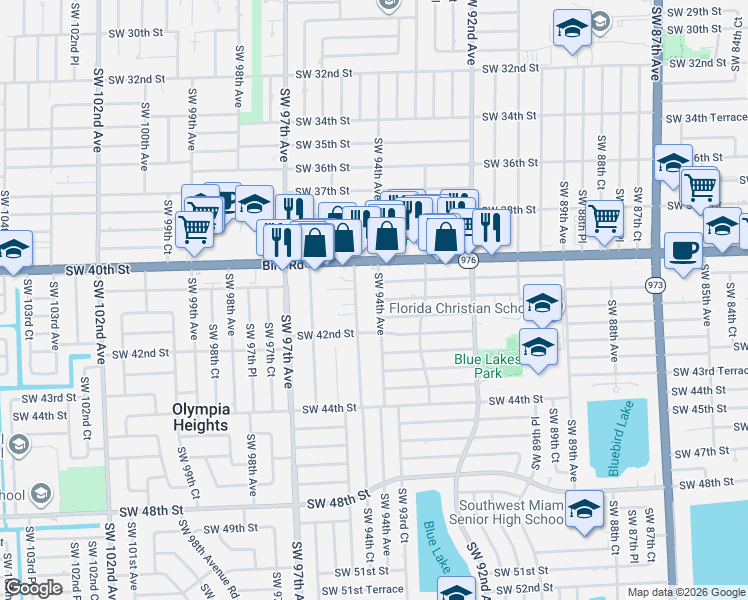 map of restaurants, bars, coffee shops, grocery stores, and more near 9360 Southwest 41st Street in Miami