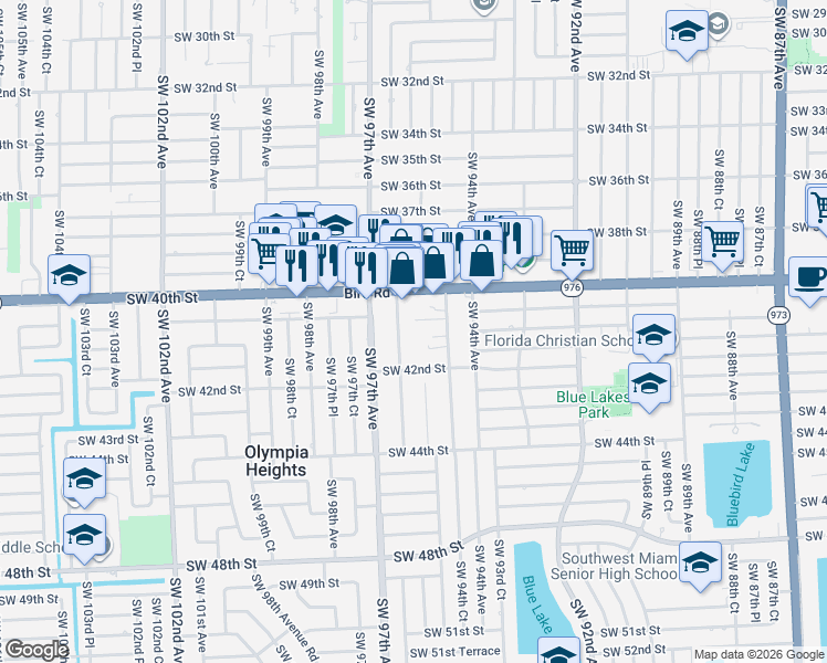 map of restaurants, bars, coffee shops, grocery stores, and more near 4121 Southwest 96th Avenue in Miami