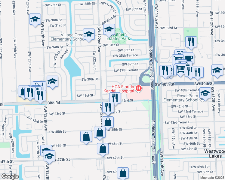 map of restaurants, bars, coffee shops, grocery stores, and more near 11990 Southwest 41st Drive in Miami