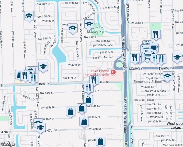 map of restaurants, bars, coffee shops, grocery stores, and more near 11990 Southwest 41st Drive in Miami