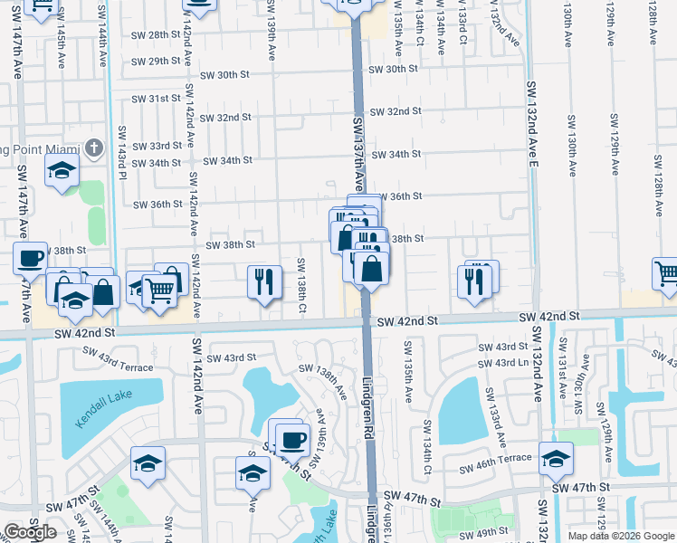 map of restaurants, bars, coffee shops, grocery stores, and more near 3980 Southwest 137th Avenue in Miami