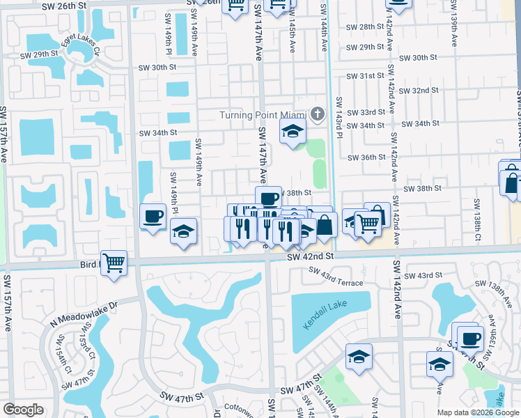 map of restaurants, bars, coffee shops, grocery stores, and more near 3871 Southwest 147th Avenue in Miami