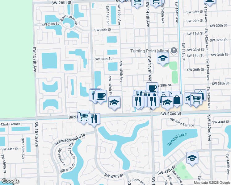 map of restaurants, bars, coffee shops, grocery stores, and more near 14909 Southwest 39th Street in Miami