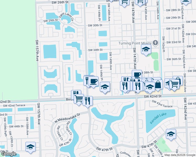 map of restaurants, bars, coffee shops, grocery stores, and more near 3854 Southwest 149th Place in Miami