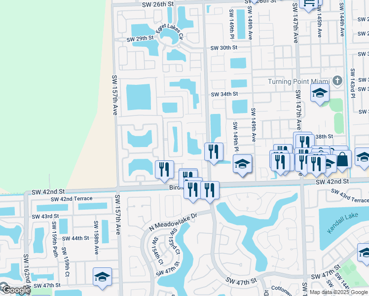 map of restaurants, bars, coffee shops, grocery stores, and more near 3855 Southwest 153rd Court in Miami