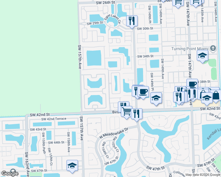 map of restaurants, bars, coffee shops, grocery stores, and more near 3872 Southwest 153rd Place in Miami