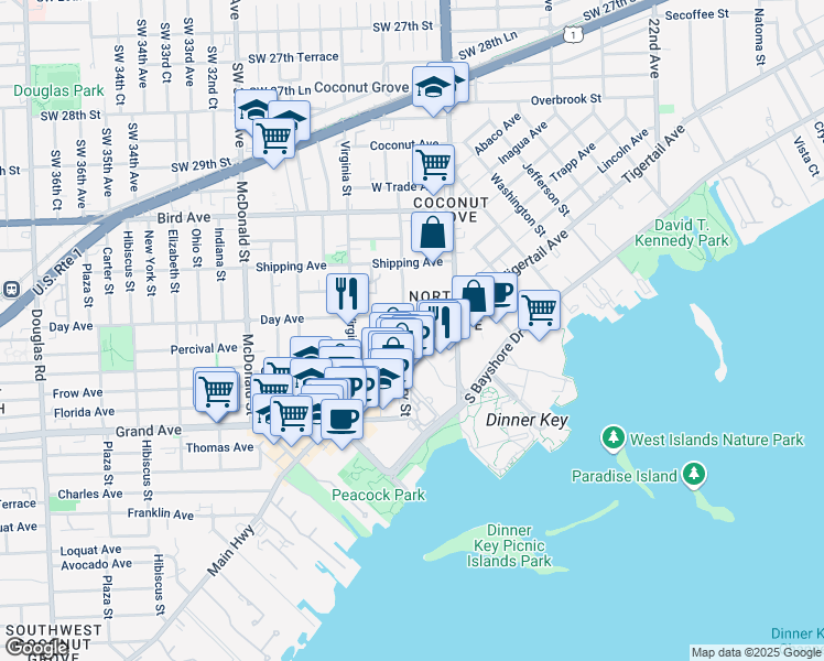 map of restaurants, bars, coffee shops, grocery stores, and more near 3229 Mary Street in Miami