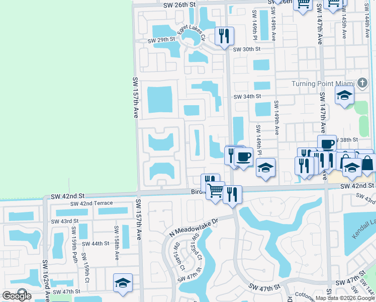 map of restaurants, bars, coffee shops, grocery stores, and more near 3872 Southwest 153rd Place in Miami