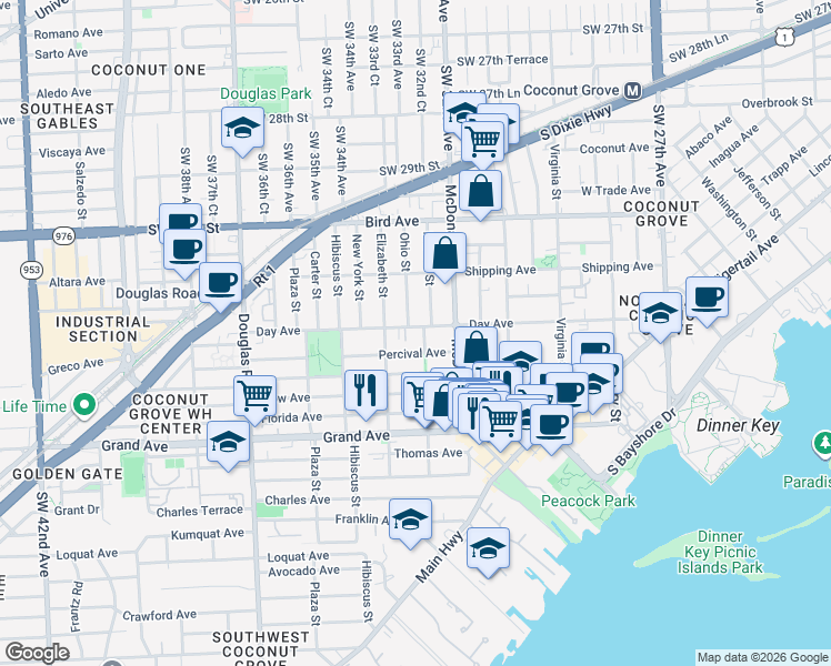 map of restaurants, bars, coffee shops, grocery stores, and more near 3220 Margaret Street in Miami