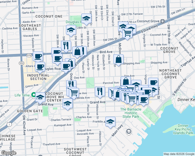 map of restaurants, bars, coffee shops, grocery stores, and more near 3478 Day Avenue in Miami