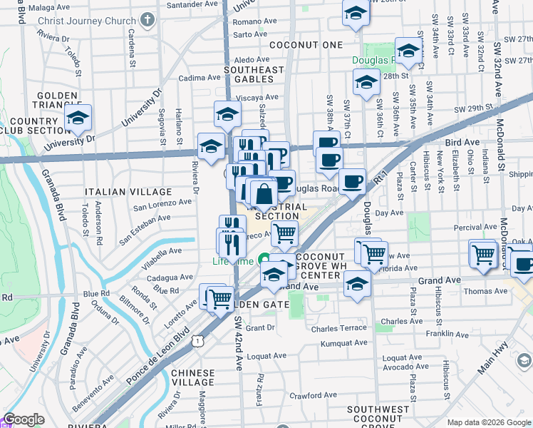 map of restaurants, bars, coffee shops, grocery stores, and more near 253 Greco Avenue in Coral Gables