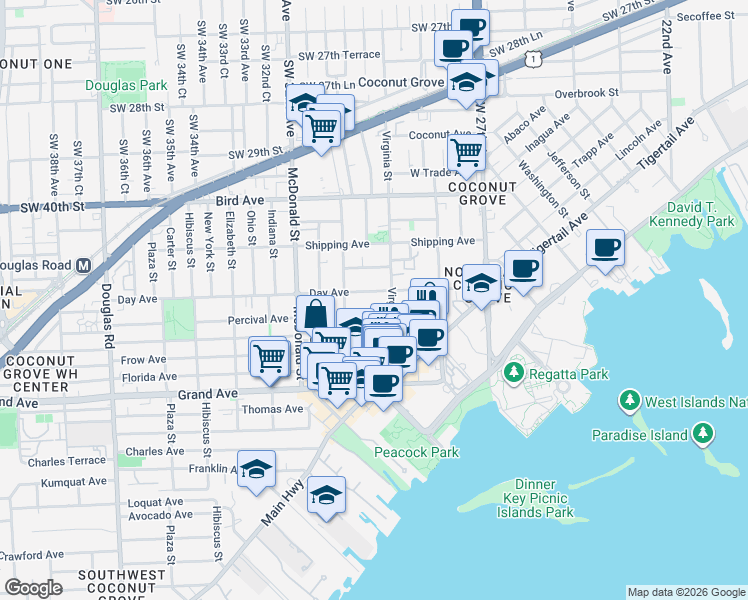 map of restaurants, bars, coffee shops, grocery stores, and more near 3050 Lime Court in Miami