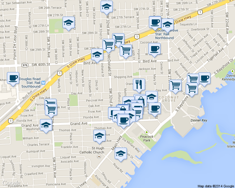 map of restaurants, bars, coffee shops, grocery stores, and more near 3230 Matilda Street in Miami