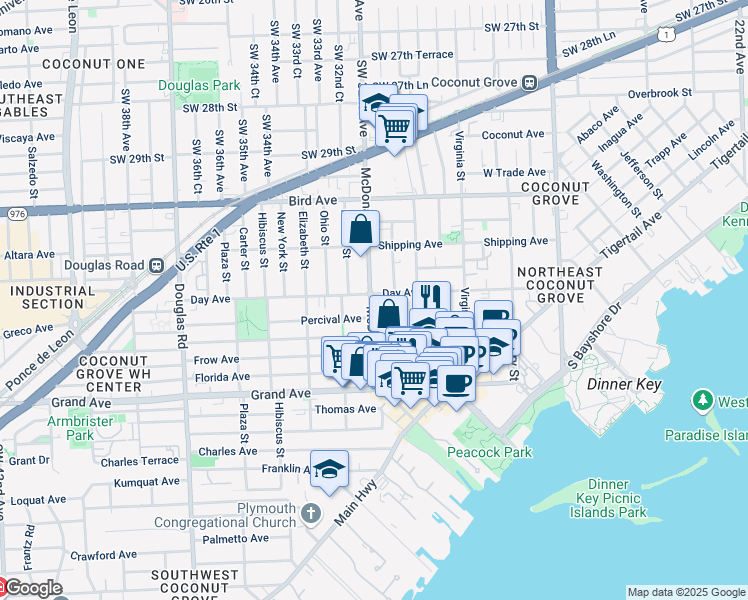 map of restaurants, bars, coffee shops, grocery stores, and more near 3245 McDonald Street in Miami