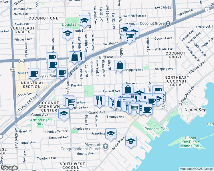 map of restaurants, bars, coffee shops, grocery stores, and more near 3210 Elizabeth Street in Miami