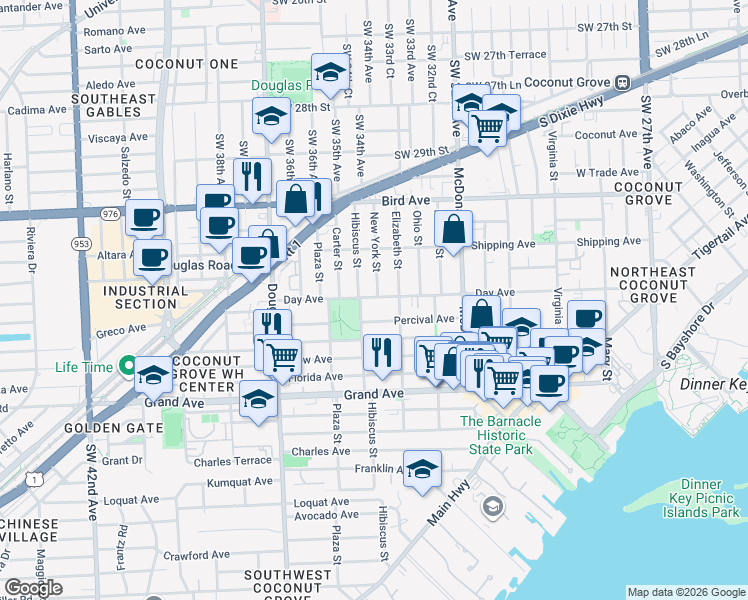 map of restaurants, bars, coffee shops, grocery stores, and more near 3478 Day Avenue in Miami