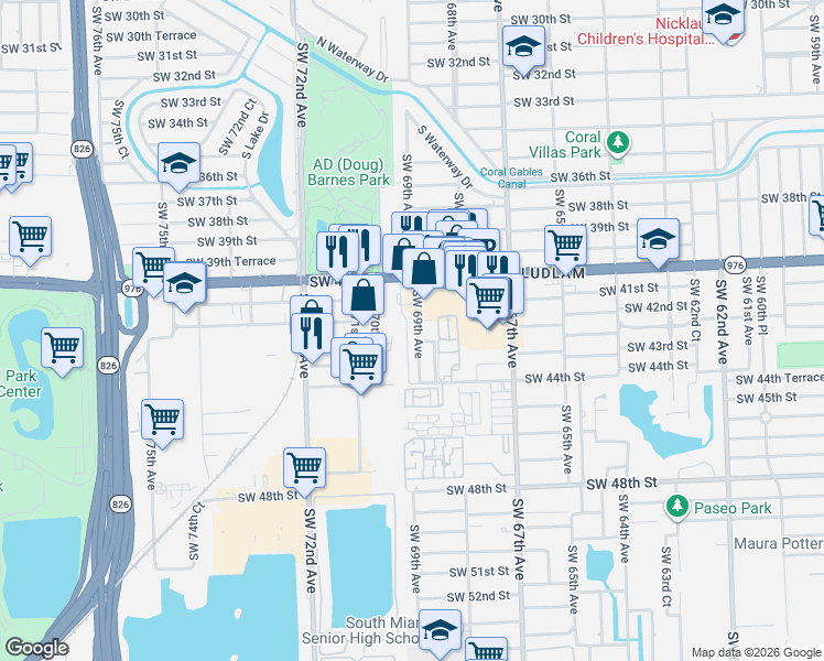 map of restaurants, bars, coffee shops, grocery stores, and more near 4150 Southwest 69th Avenue in Miami