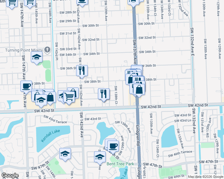map of restaurants, bars, coffee shops, grocery stores, and more near 13870 Southwest 38th Lane in Miami