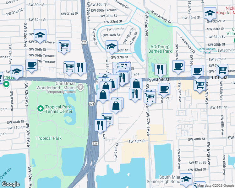 map of restaurants, bars, coffee shops, grocery stores, and more near 4213 Southwest 74th Avenue in Miami