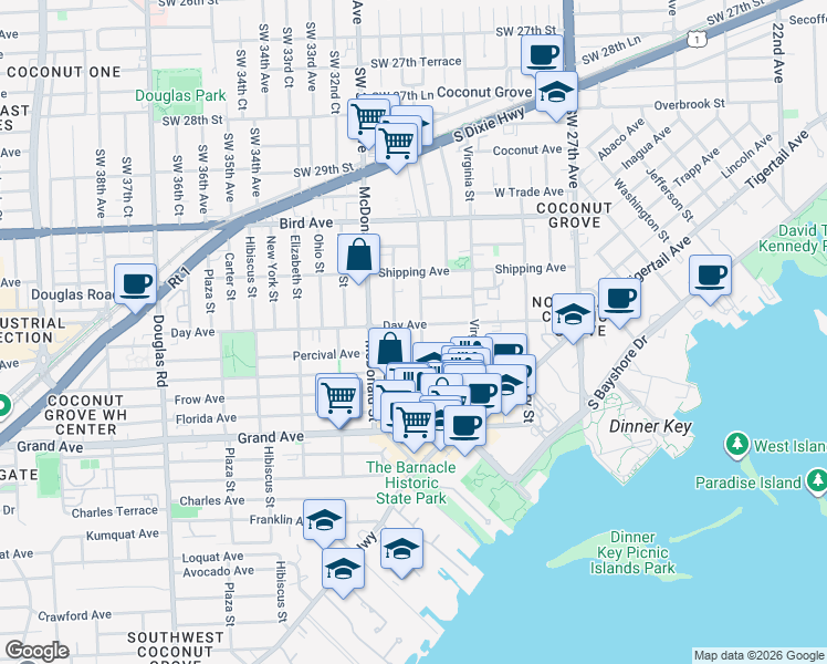 map of restaurants, bars, coffee shops, grocery stores, and more near 3120 Day Avenue in Miami
