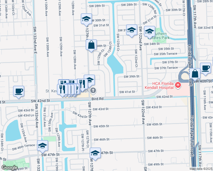 map of restaurants, bars, coffee shops, grocery stores, and more near 4005 Southwest 125th Avenue in Miami