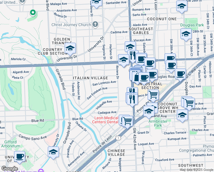 map of restaurants, bars, coffee shops, grocery stores, and more near 4400 Segovia Street in Coral Gables