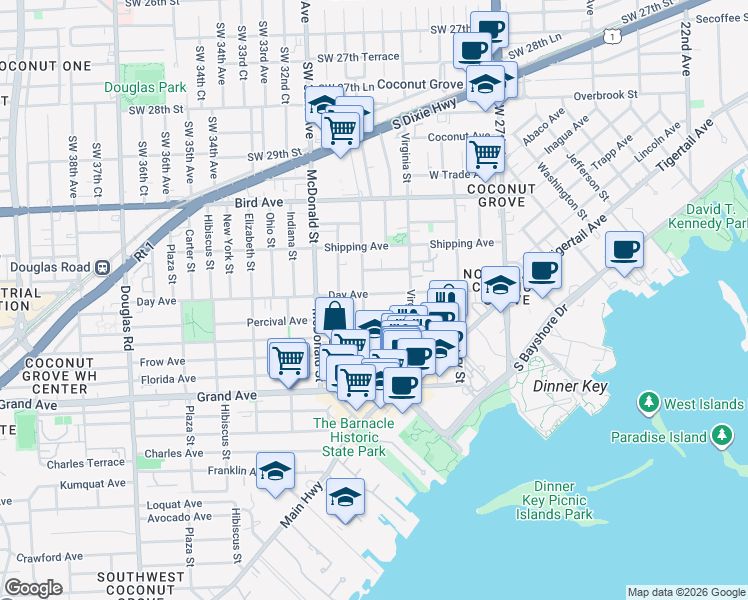 map of restaurants, bars, coffee shops, grocery stores, and more near 3056 Day Avenue in Miami