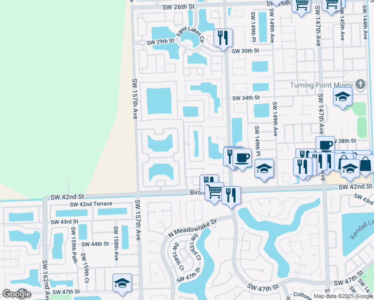 map of restaurants, bars, coffee shops, grocery stores, and more near 3872 Southwest 153rd Place in Miami
