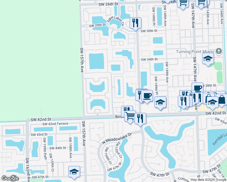 map of restaurants, bars, coffee shops, grocery stores, and more near 3872 Southwest 153rd Place in Miami