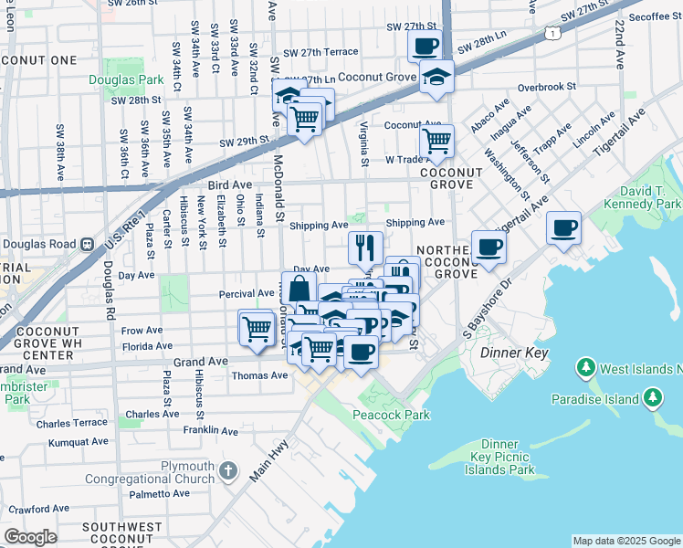 map of restaurants, bars, coffee shops, grocery stores, and more near 3050 Lime Court in Miami