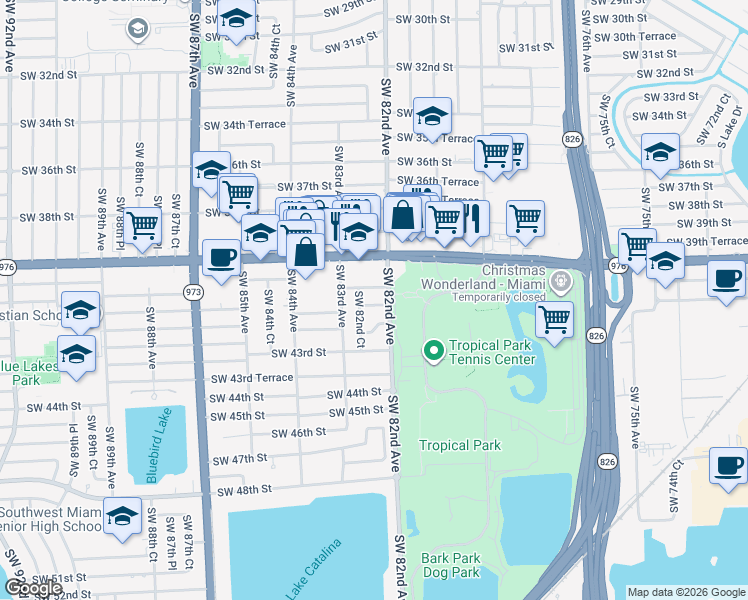 map of restaurants, bars, coffee shops, grocery stores, and more near 8230 Southwest 41st Terrace in Miami